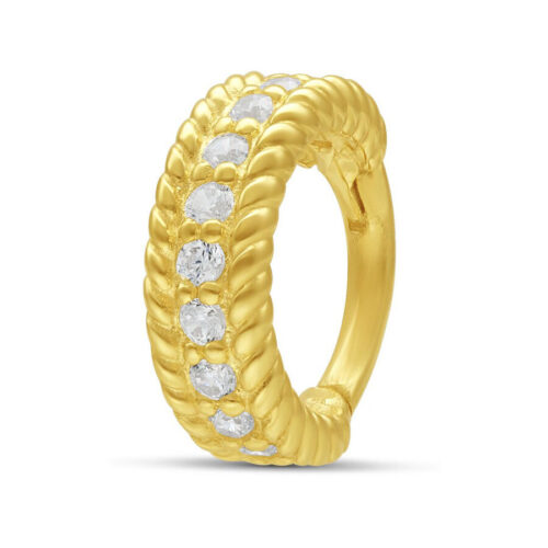 Goldener Scharnier-Piercingring mit klaren Kristallen auf weißem Hintergrund