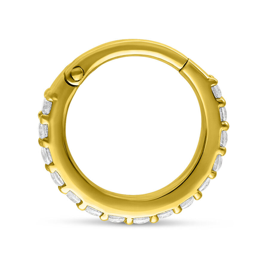 14K Gold Klappring mit Kristallen Goldener Klappring mit klaren Kristallen auf weißem Hintergrund