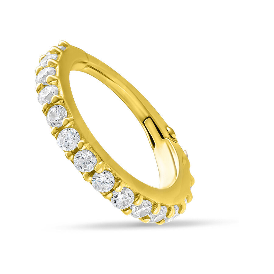 14K Gold Hinged Ring mit Kristallen Goldener 14K Piercingring mit klarem Kristallbesatz auf weißem Hintergrund