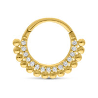 14K Gold Clicker mit Kristallbesatz Goldener 14K Clicker mit kleinen Kristallen auf weißem Hintergrund
