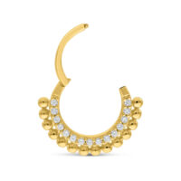 14K Gold Clicker mit Kristall-Details Goldener Piercingring mit kleinen Kugeln und klaren Kristallen auf weißem Hintergrund