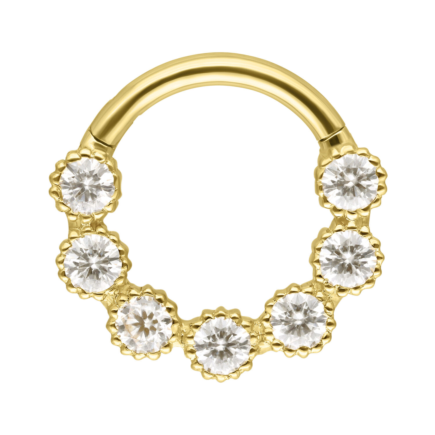 18K Gold Septum Ring mit Moissanit Kristallen Goldener Septum-Ring mit sieben runden Moissanit-Kristallen vor weißem Hintergrund