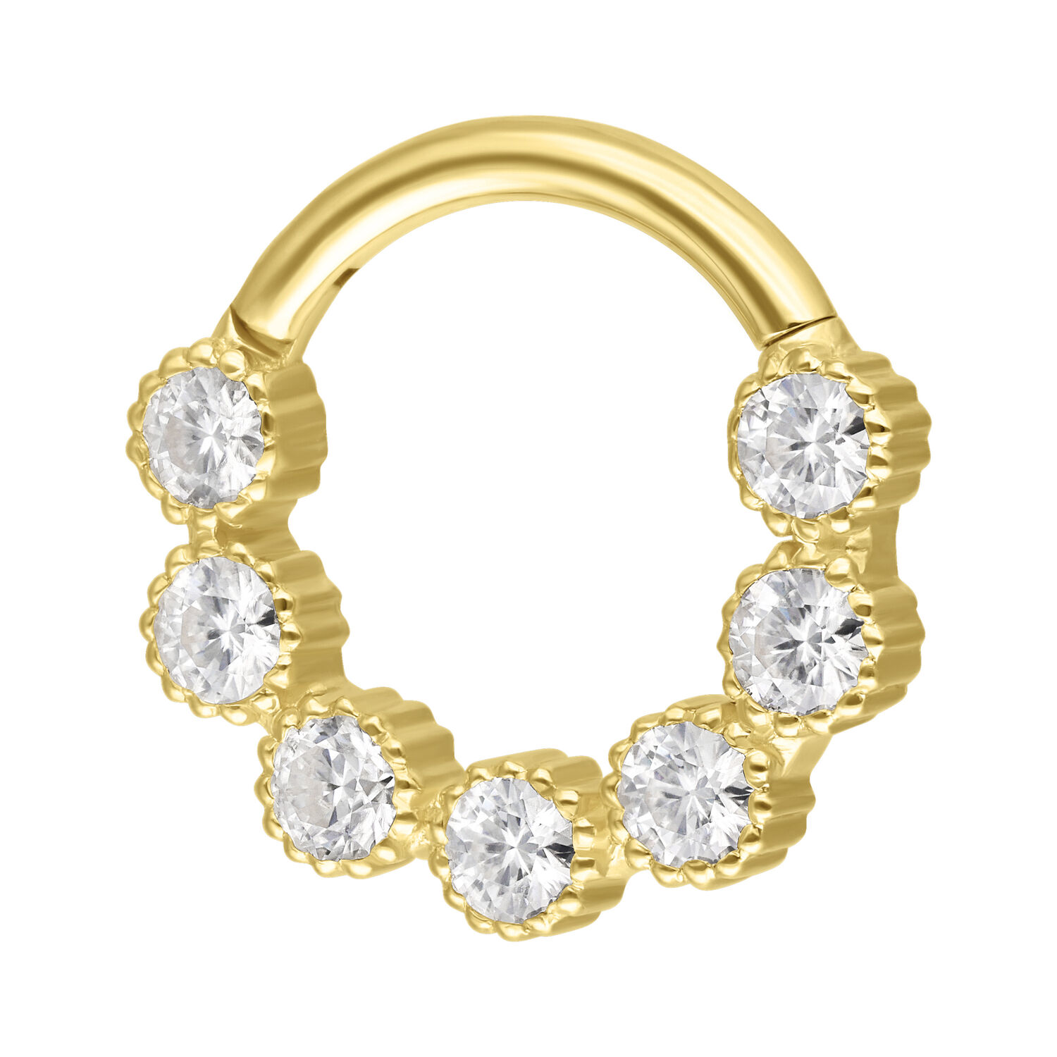 18K Gold Septum Ring mit Moissanit Goldener Piercingring mit sieben funkelnden Moissanit-Steinen auf weißem Hintergrund