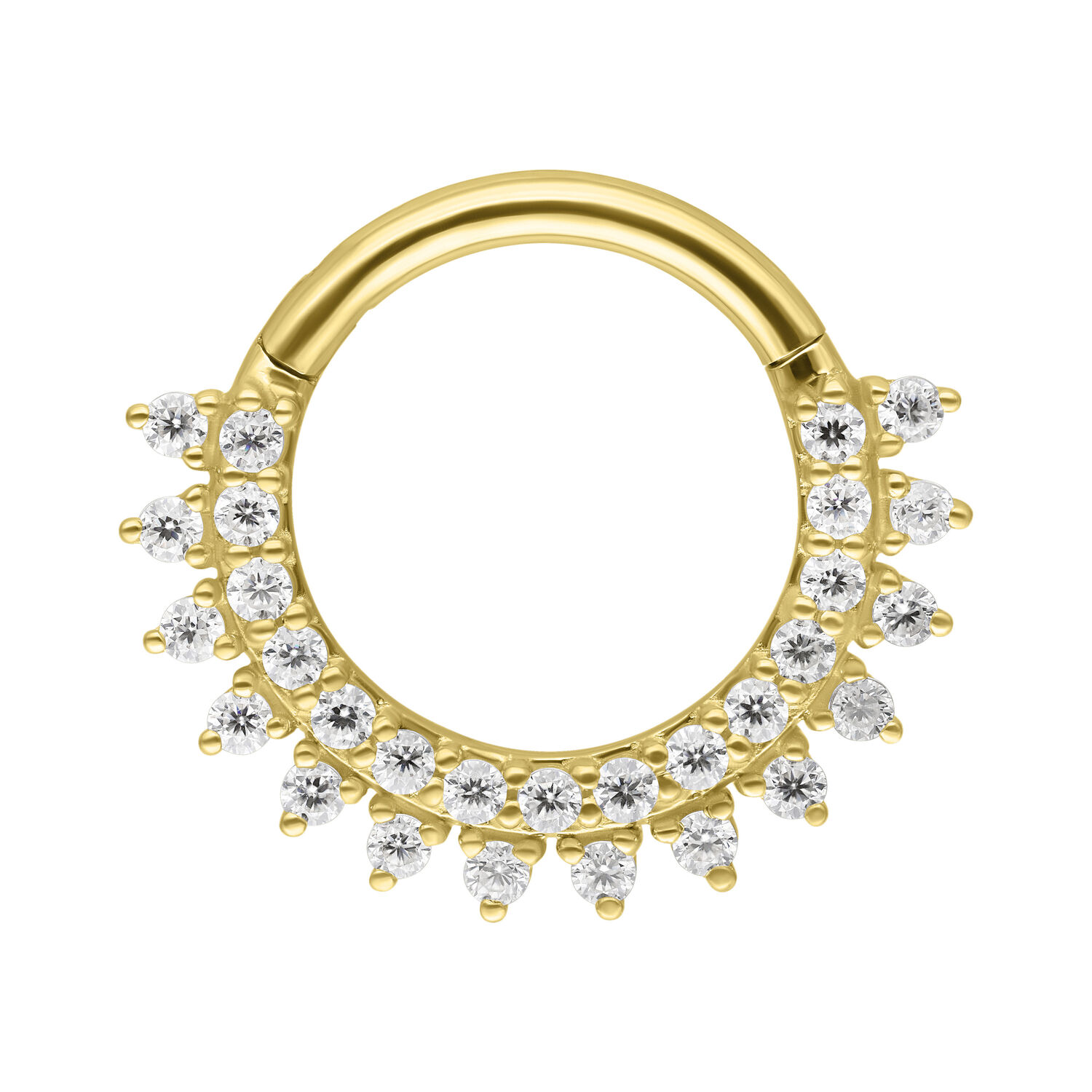 14K Gold Moissanit Sunbeams Ring Goldener Septumring mit Moissanit-Steinen auf weißem Hintergrund