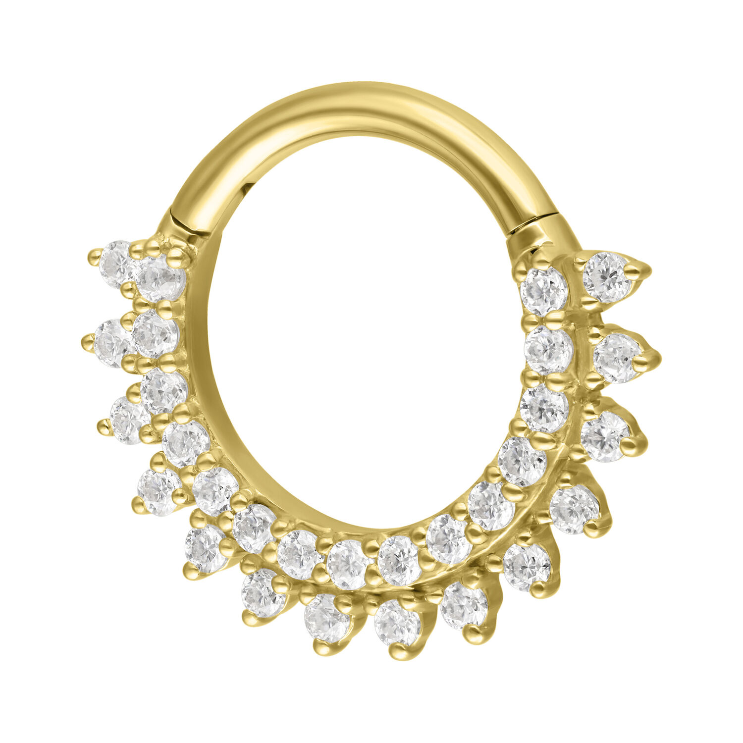14K Gold Moissanit Septumring mit Strahlen Goldener Septumring mit Moissanit-Steinen auf weißem Hintergrund