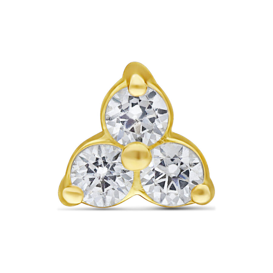 18K Gold Trinity Aufsatz mit kristallklaren Steinen auf weißem Hintergrund