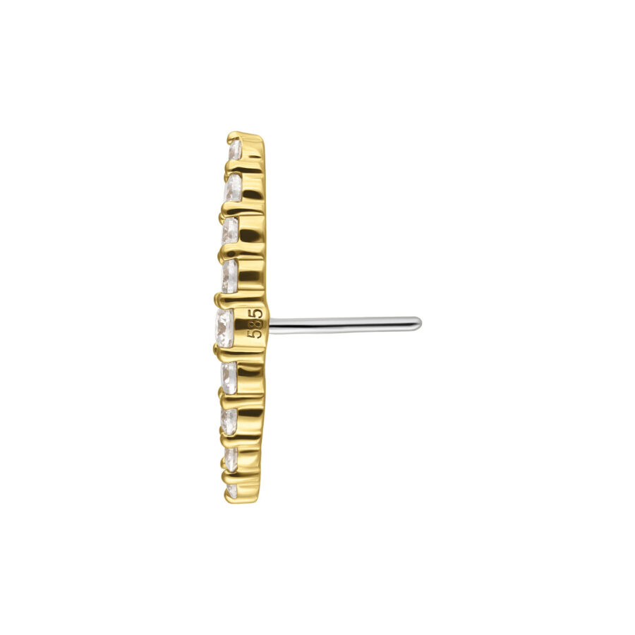 Seitliche Ansicht eines 14K Gold Aufsatzes mit klaren Moissanit Kristallen