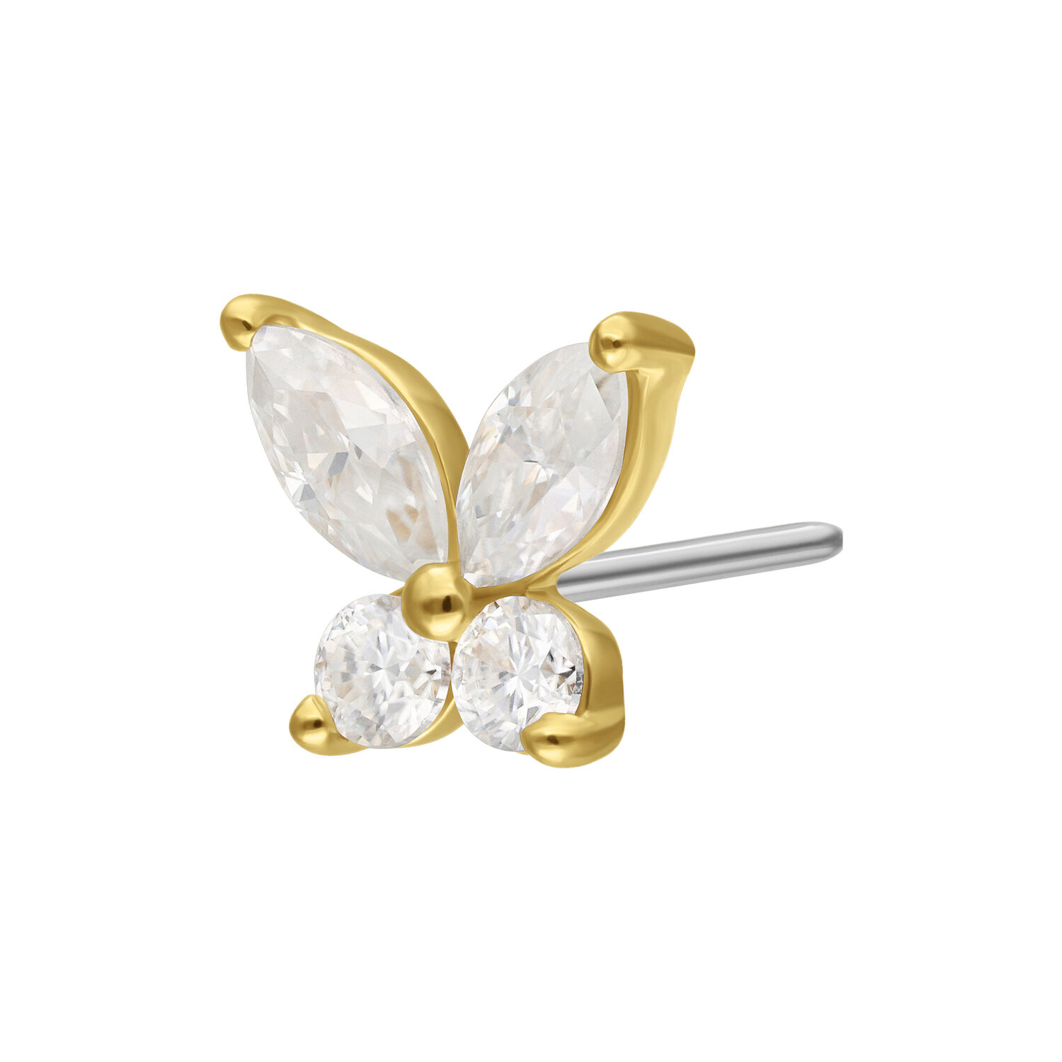14K Gold Moissanit Schmetterlingsaufsatz Goldener Schmetterlingsaufsatz mit klaren Moissanit-Kristallen auf weißem Hintergrund