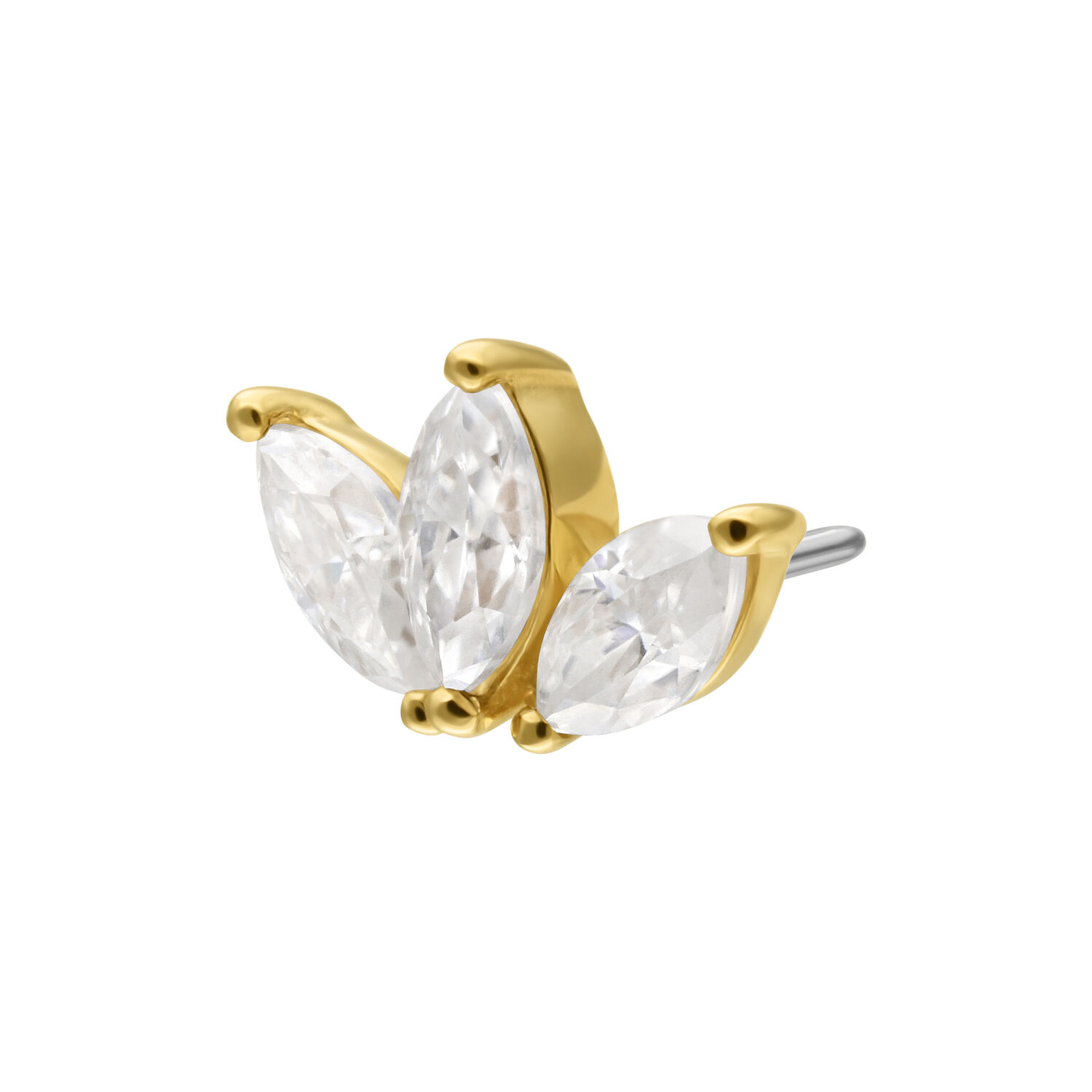 14K Gold Moissanit Lotus Aufsatz Goldener Lotus-Aufsatz mit klaren Moissanit-Steinen auf weißem Hintergrund