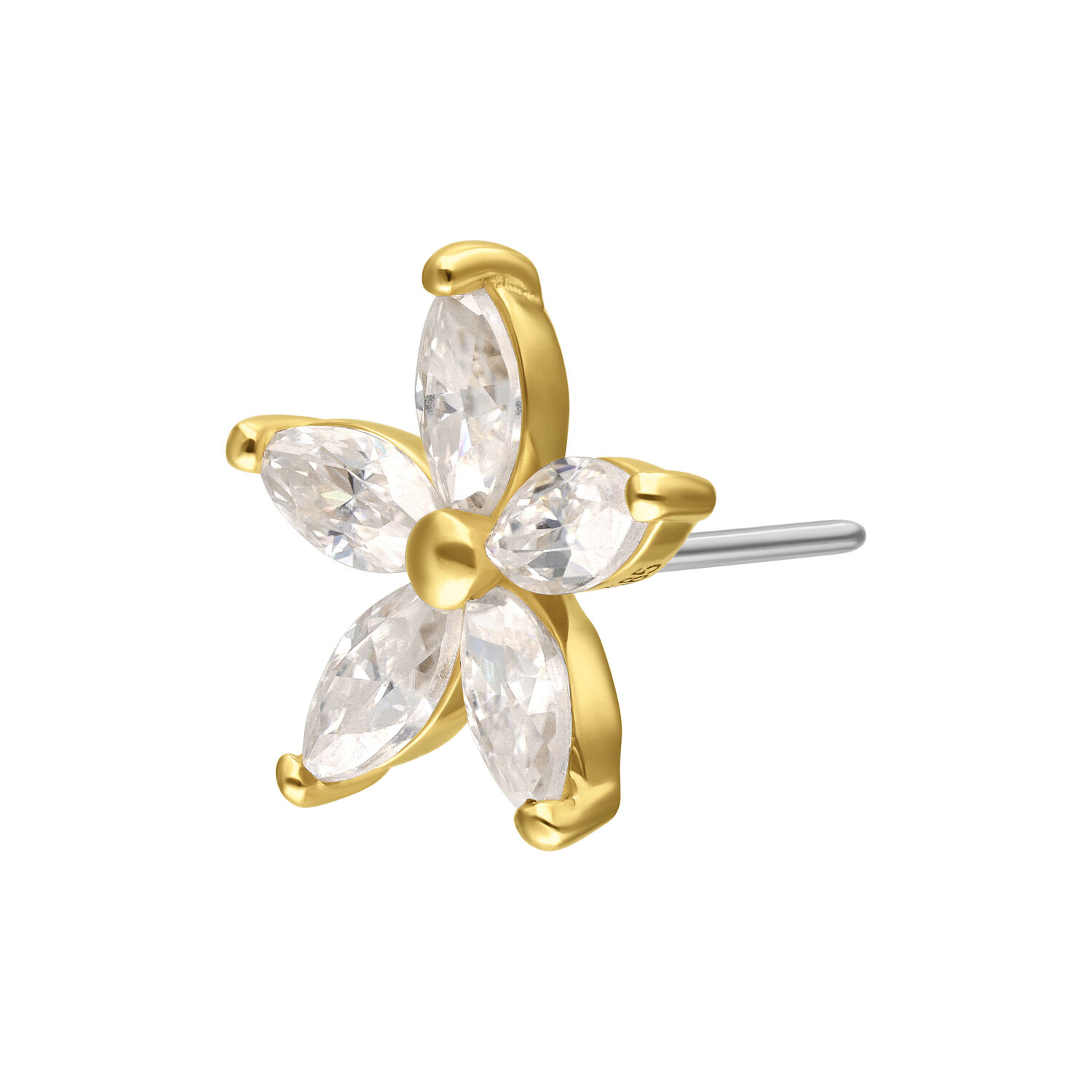 14K Gold Moissanit Blume Push-Fit Aufsatz Goldener Blütenaufsatz mit klaren Moissanit-Steinen auf weißem Hintergrund