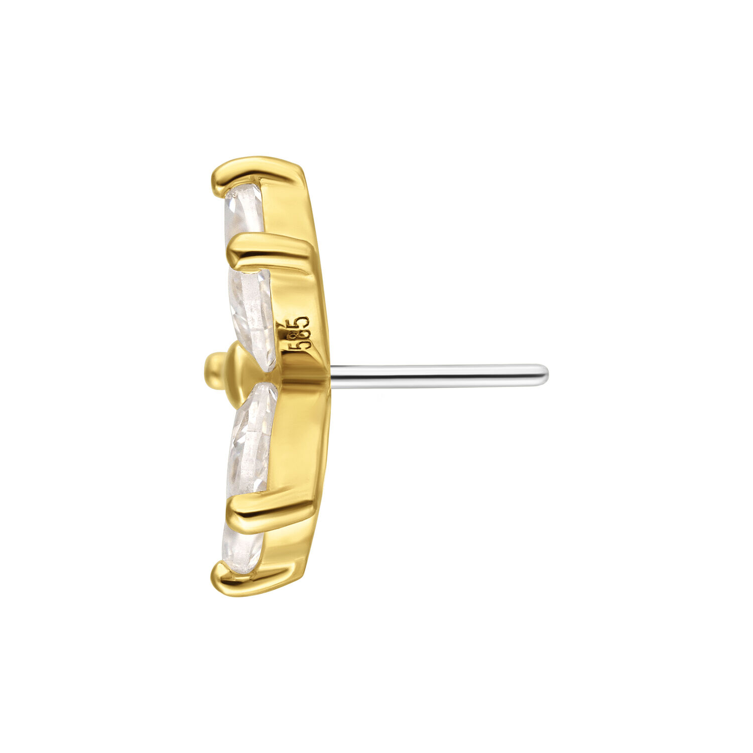 14K Gold Moissanit Blumenaufsatz Push Fit Seitlicher Blick auf goldenen Blumenaufsatz mit klaren Kristallen auf weißem Hintergrund