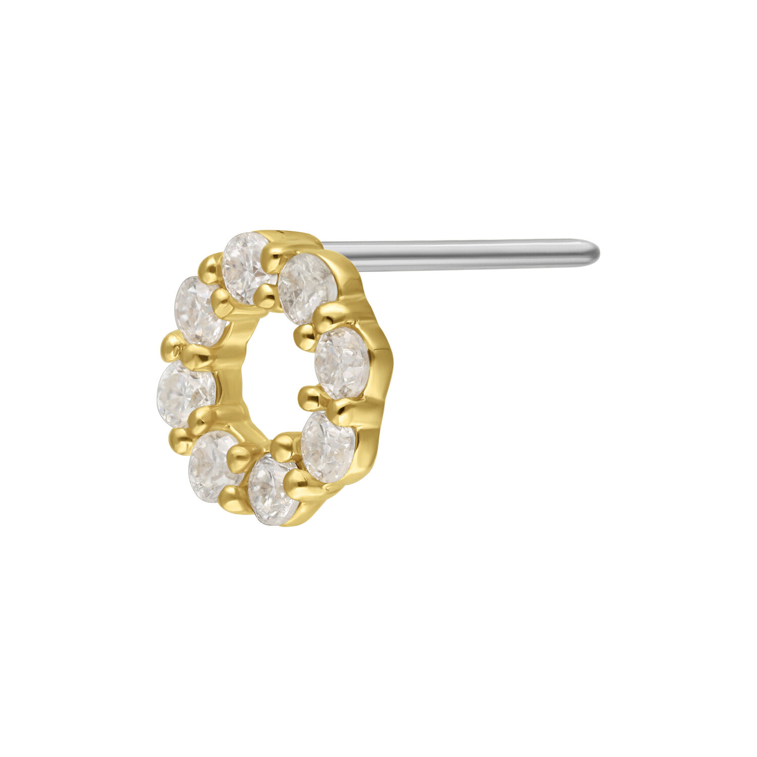 14K Gold Moissanit Wreath Aufsatz Goldener Push-Fit Aufsatz mit klaren Moissanit-Kristallen auf weißem Hintergrund