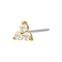 14K Gold Moissanit Trinity Aufsatz Goldener Push-Fit Aufsatz mit drei klaren Moissanit-Kristallen auf weißem Hintergrund