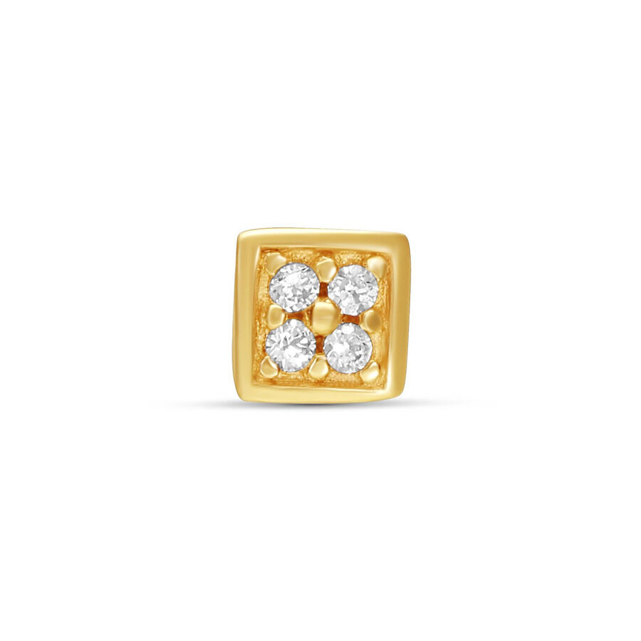 14K Gold Aufsatz mit Kristallen Quadratischer goldener Piercingaufsatz mit vier klaren Kristallen auf weißem Hintergrund