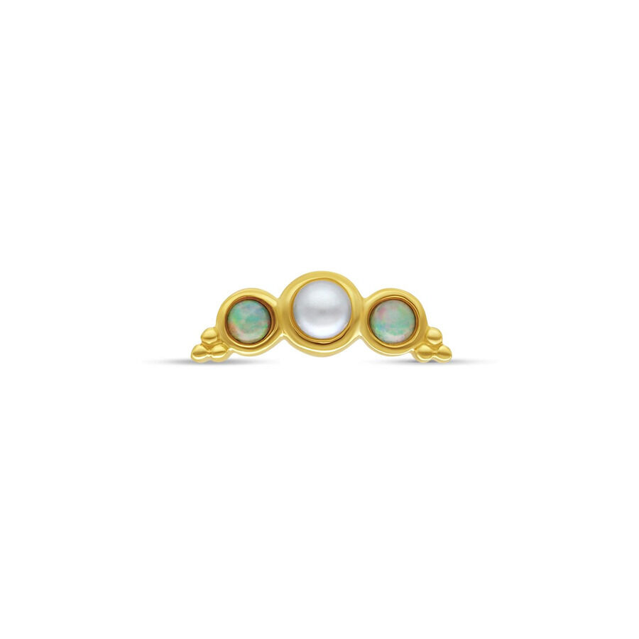 14K Gold Aufsatz mit Opal und Perle Goldener Aufsatz mit zentraler Perle und zwei Opalen, Studiohintergrund