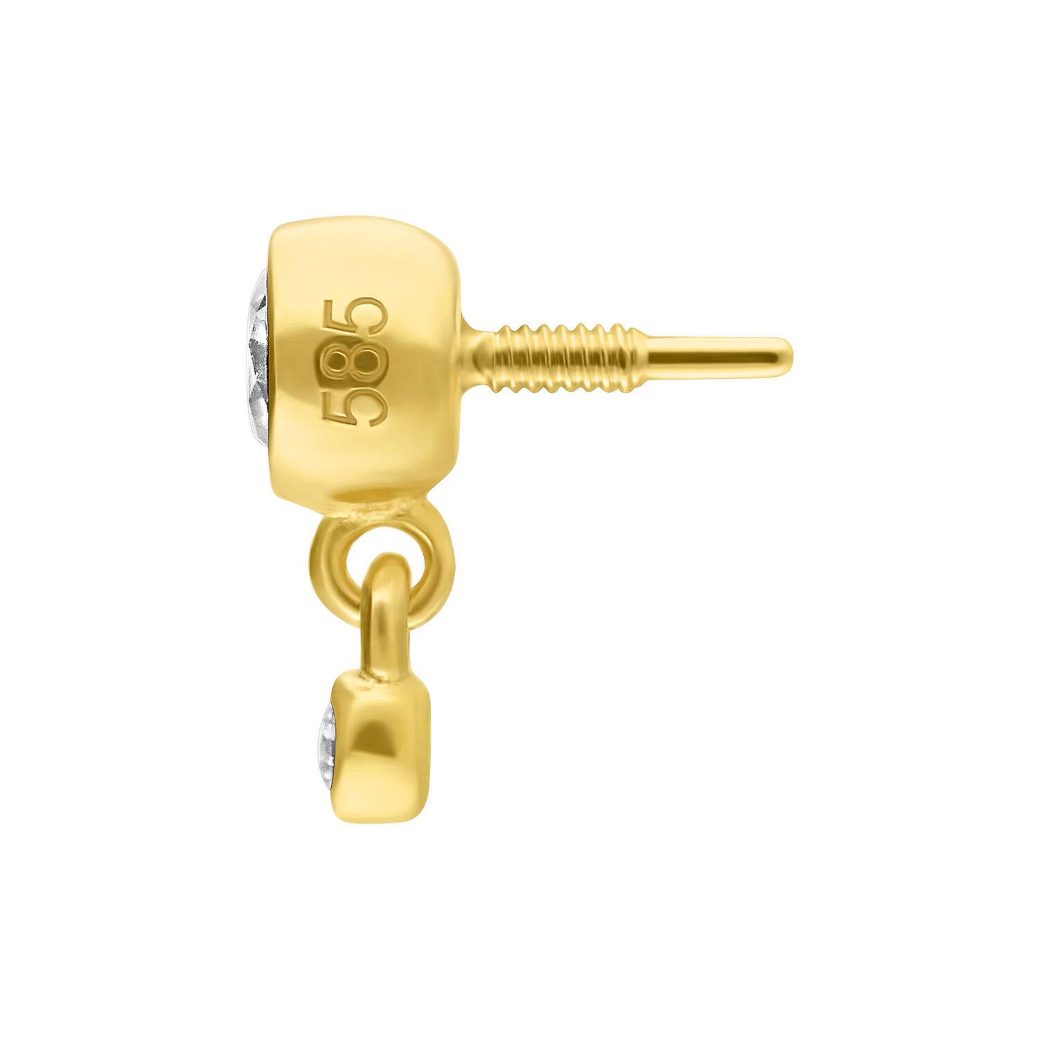 14K Gold Aufsatz mit Doppel-Kristall Goldener Piercingaufsatz mit Doppel-Kristall auf weißem Hintergrund