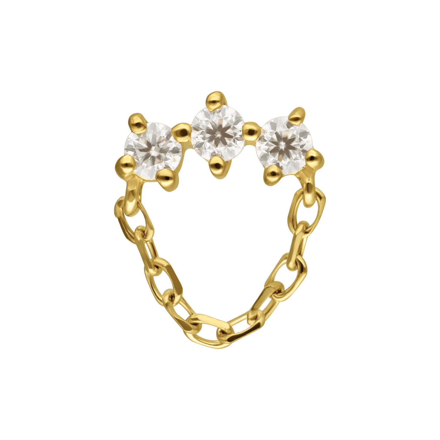 14K Gold Moissanit Aufsatz mit Anhänger Goldener Aufsatz mit drei Moissanit-Steinen und Kettenanhänger auf weißem Hintergrund