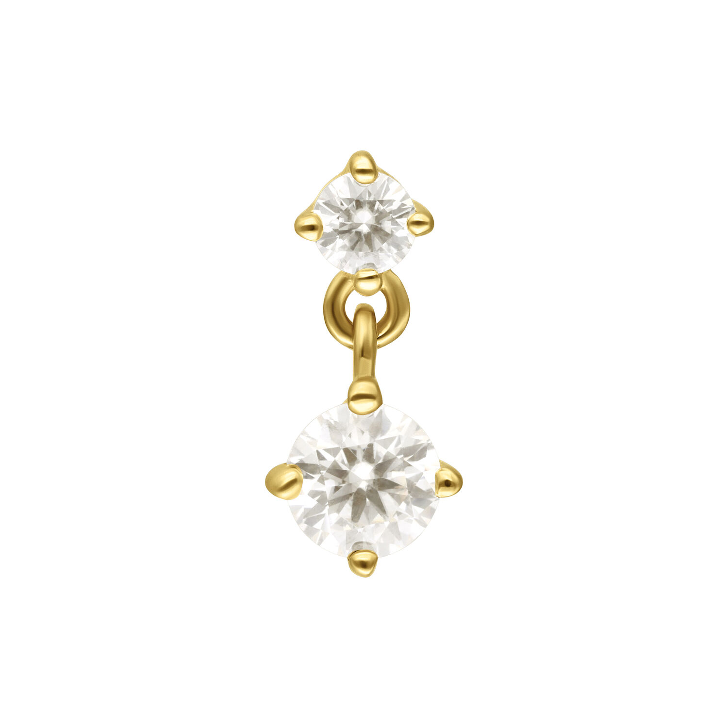 14K Gold Moissanit Aufsatz mit Anhänger Goldener Aufsatz mit zwei Moissanit-Kristallen auf weißem Hintergrund