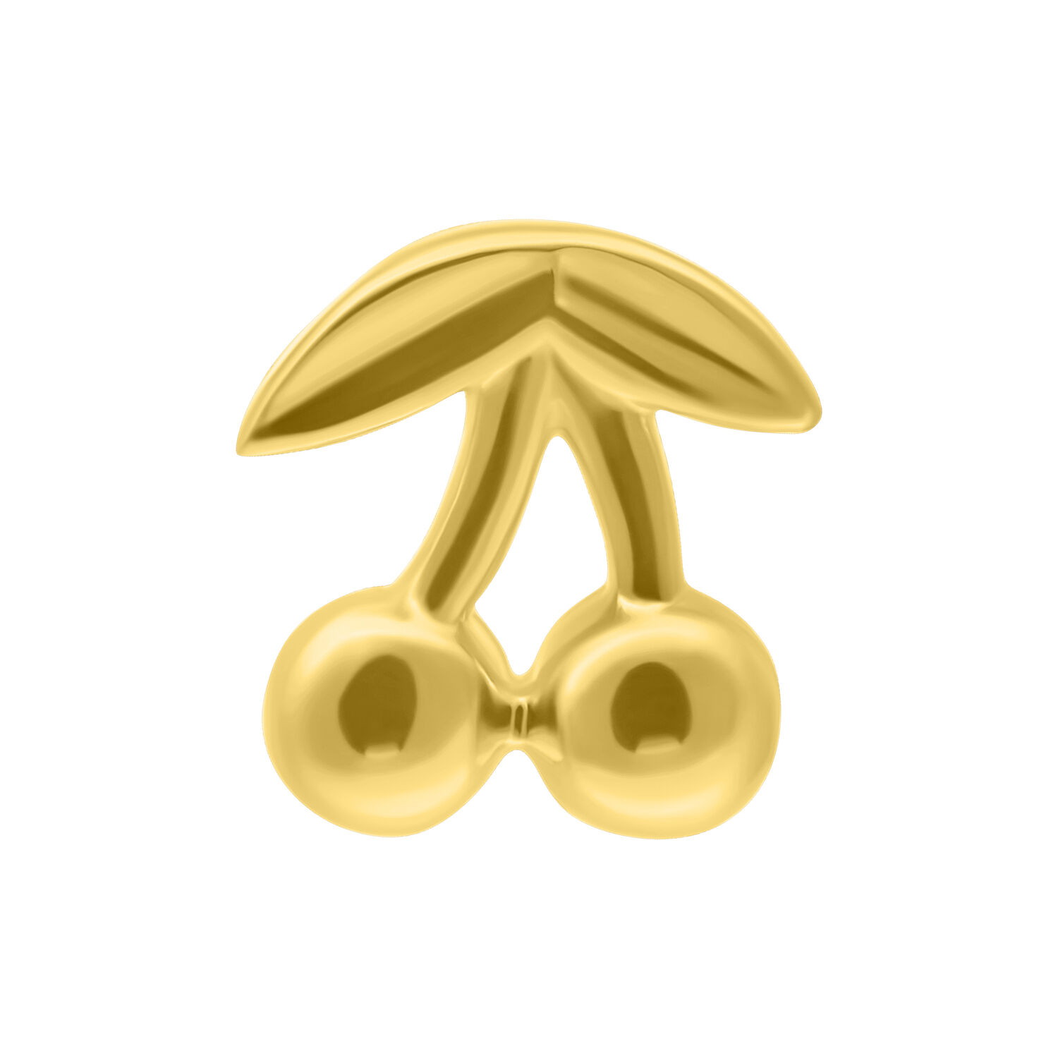 14K Gold Cherry Aufsatz für Piercings Goldener Cherry Aufsatz mit zwei Kirschen und Blättern auf weißem Hintergrund