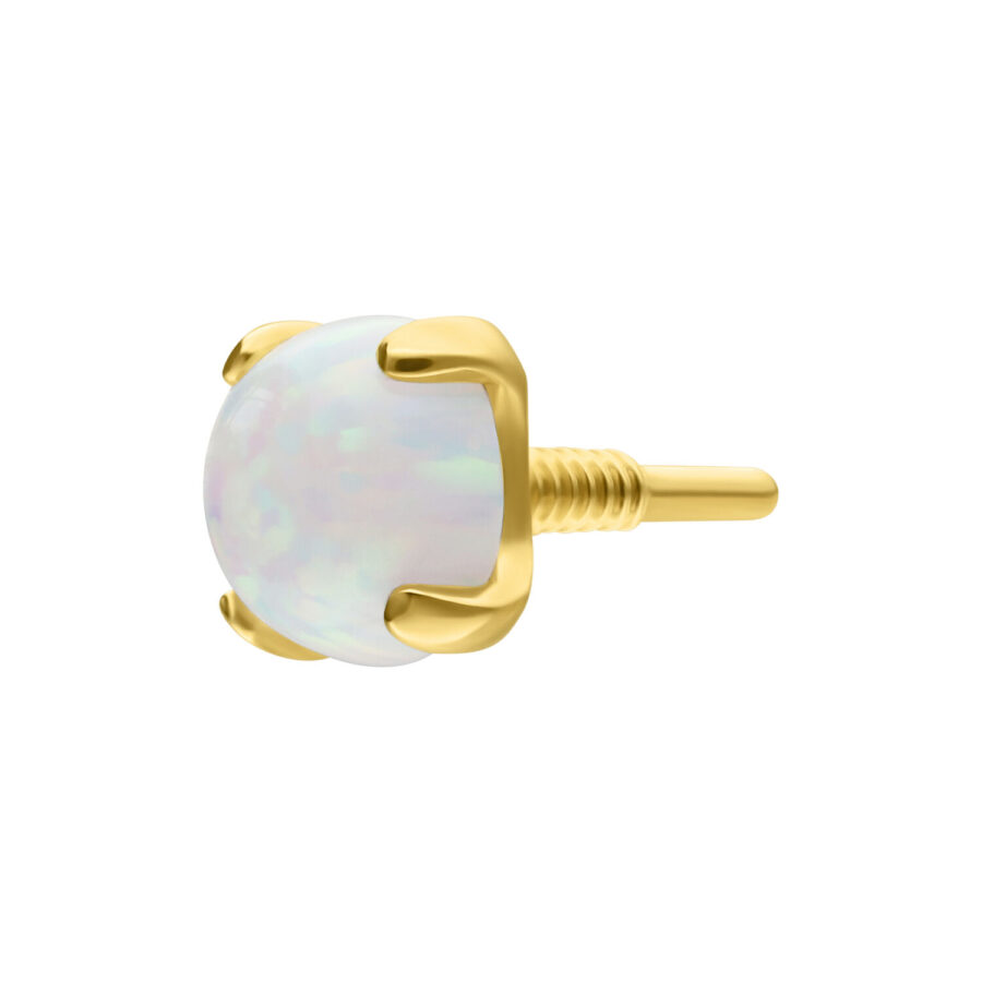 Goldener Aufsatz mit rundem, synthetischem Opal vor weißem Hintergrund