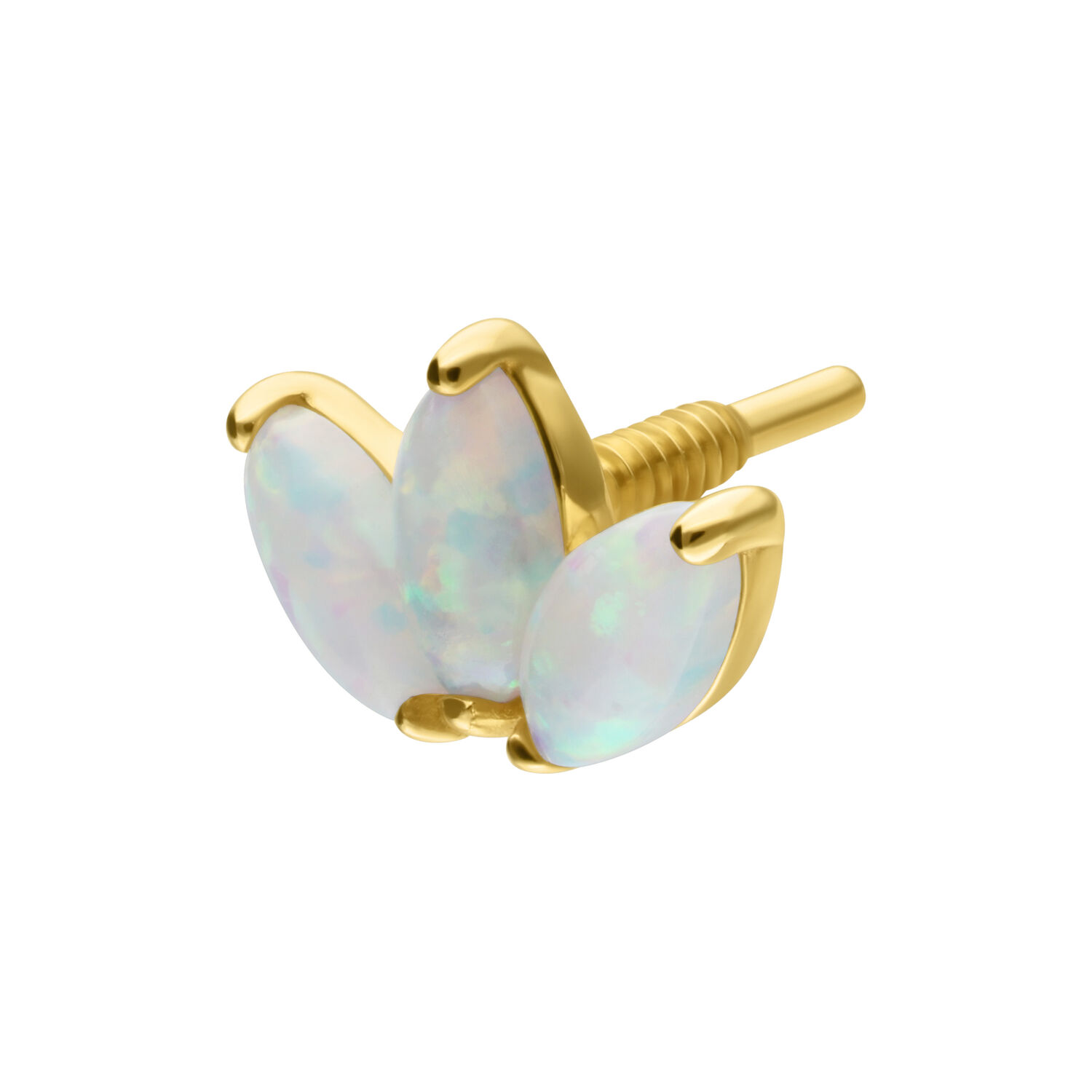 14K Gold Lotus Aufsatz mit Opal Goldener Lotus-Aufsatz mit synthetischem Opal auf weißem Hintergrund