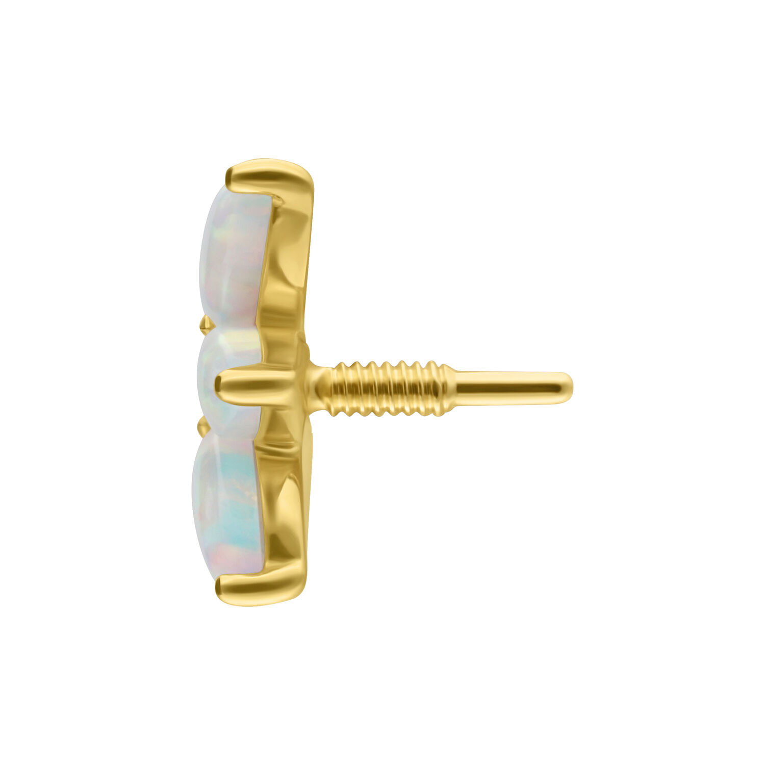 14K Gold Lotus Opal Aufsatz für Innengewinde 14K Gold Aufsatz mit Lotus-Design und synthetischem Opal auf weißem Hintergrund
