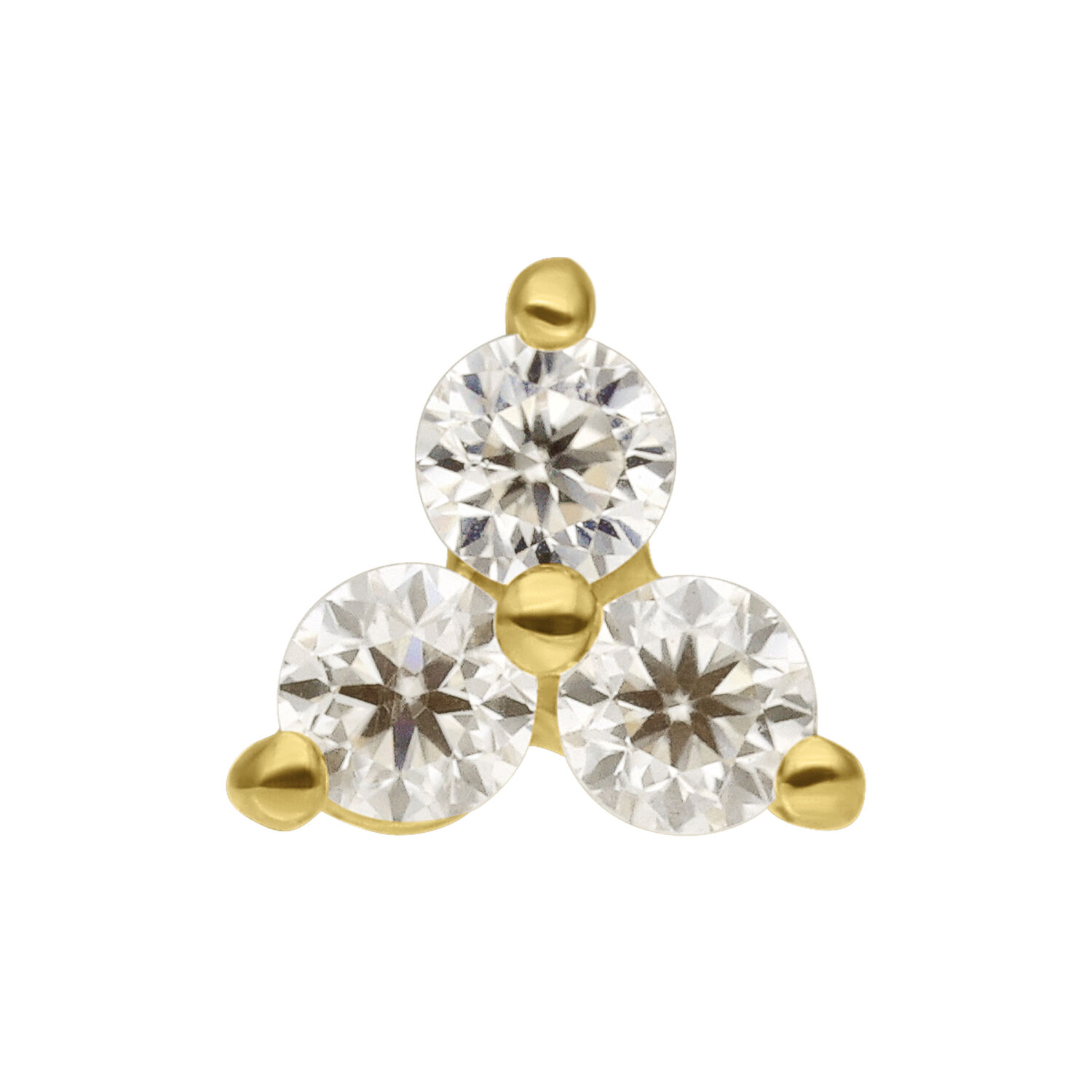 14K Gold Moissanit Push-Fit Aufsatz Dreieckiger Aufsatz aus 14K Gold mit drei klaren Moissanit-Steinen auf weißem Hintergrund