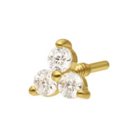 14K Gold Moissanit Trinity Aufsatz 3.5mm Goldener Aufsatz mit drei klaren Moissanit-Steinen auf weißem Hintergrund