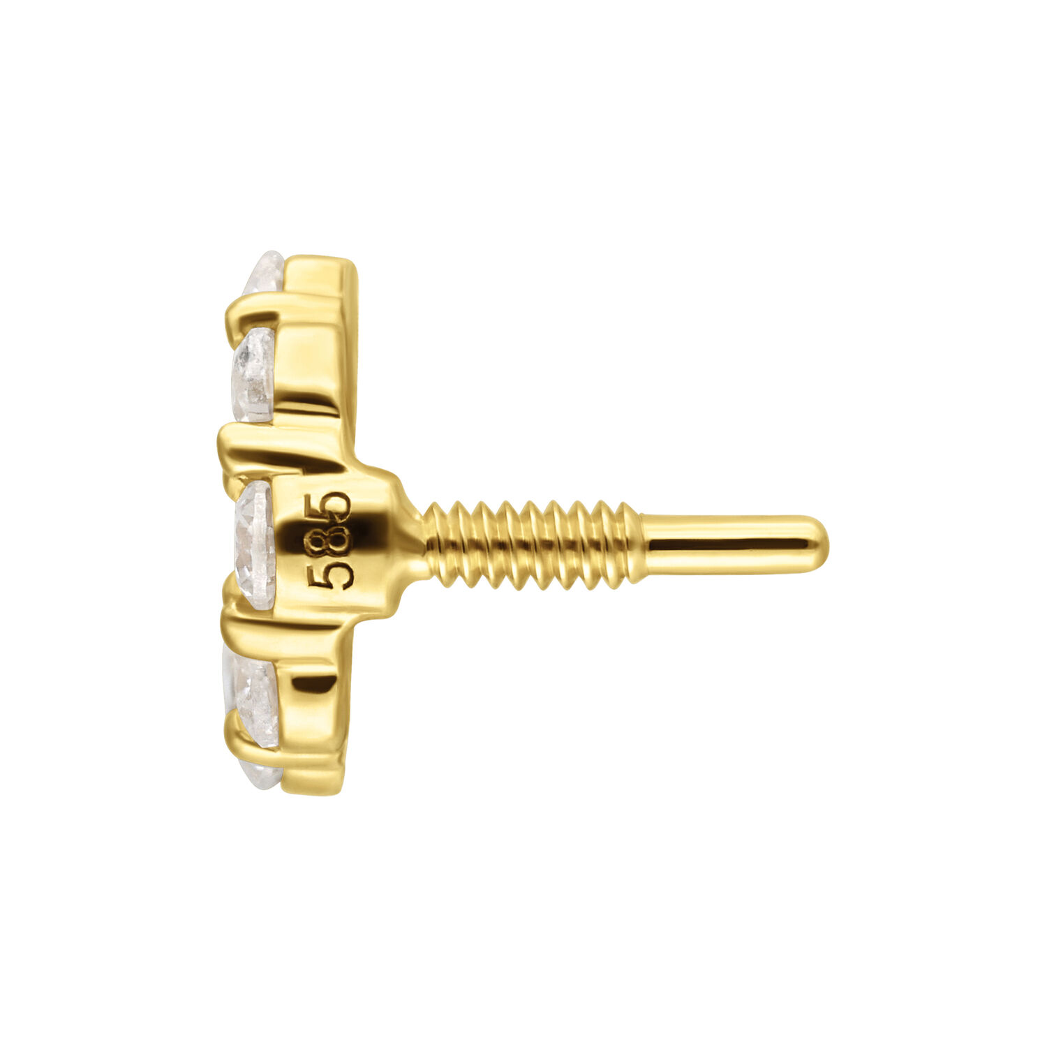 14K Gold Moissanit Aufsatz mit Innengewinde Goldener Aufsatz mit Moissanit-Steinen und Innengewinde auf weißem Hintergrund