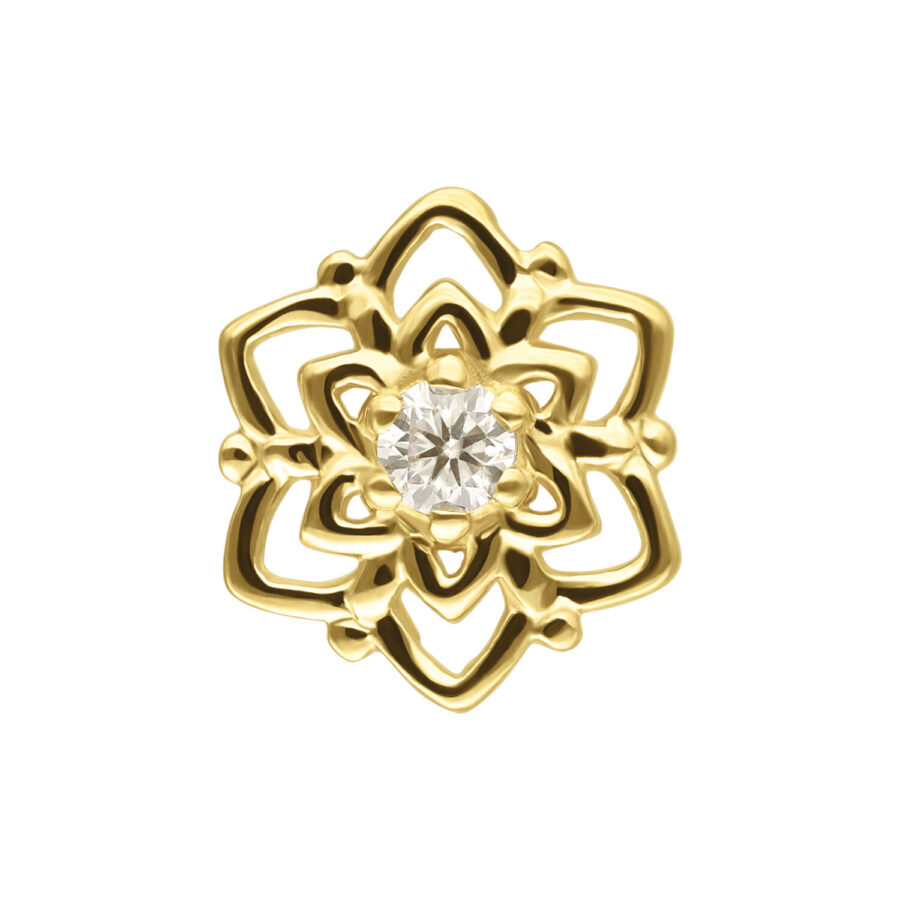 Goldener Schmuckaufsatz in Blumenform mit Moissanit auf weißem Hintergrund