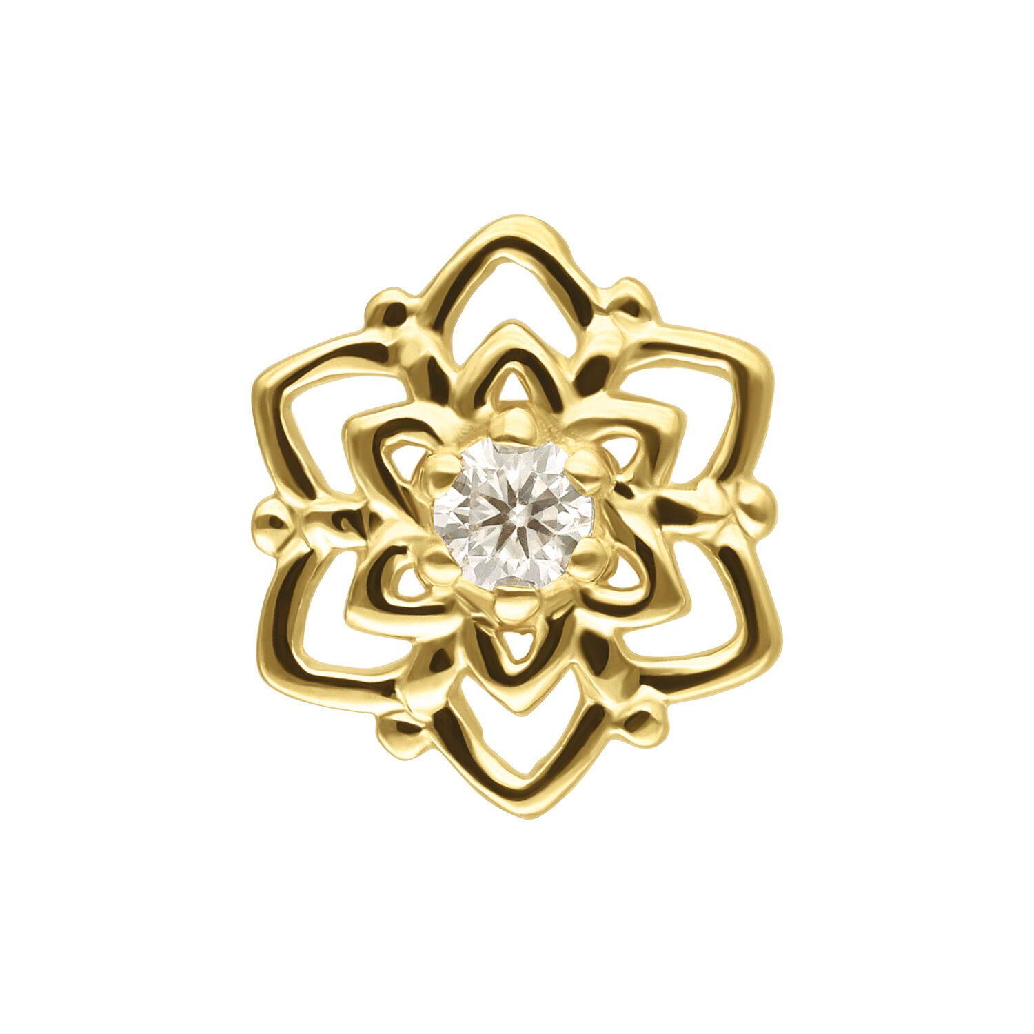 14K Gold Moissanit Blumenaufsatz für Innengewinde Goldener Schmuckaufsatz in Blumenform mit Moissanit auf weißem Hintergrund