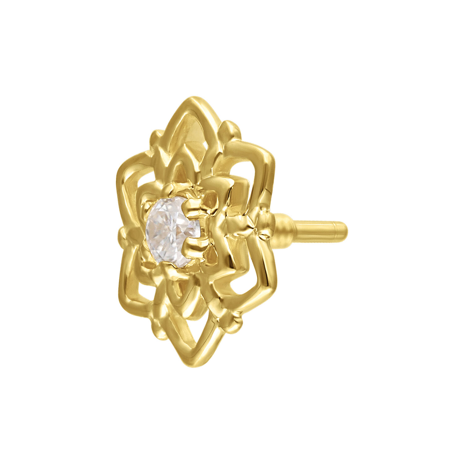 14K Gold Moissanit Blumenaufsatz Goldener Blumenaufsatz mit Moissanit auf weißem Hintergrund