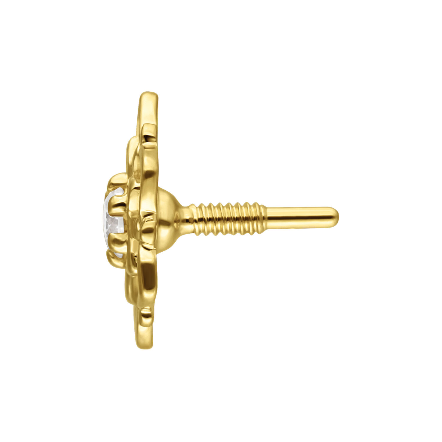 14K Gold Moissanit Blumenaufsatz Goldener Blumenaufsatz mit Moissanit auf weißem Hintergrund