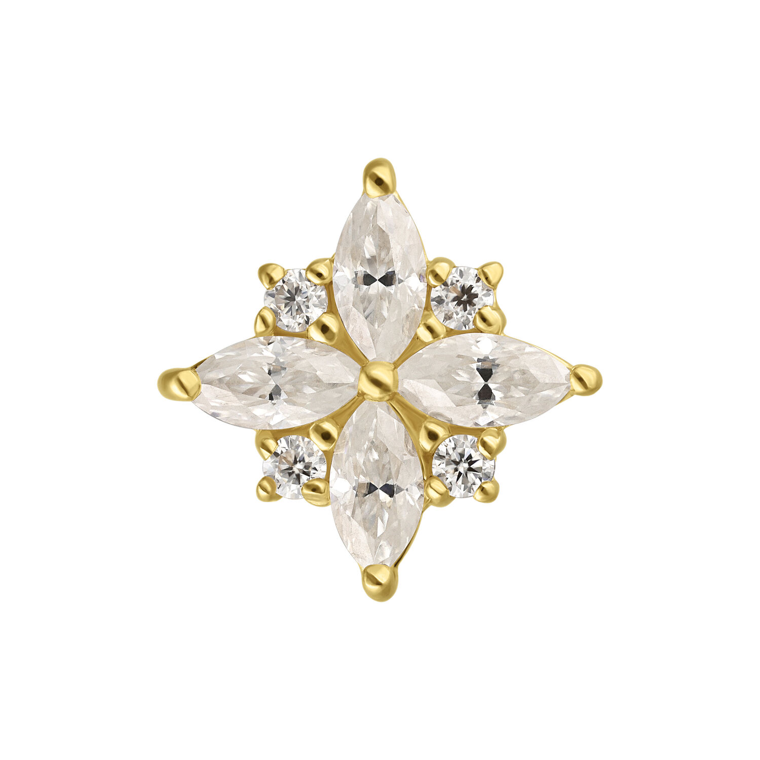 14K Gold Moissanit Blumenaufsatz Goldener Moissanit Aufsatz in Blütenform auf weißem Hintergrund
