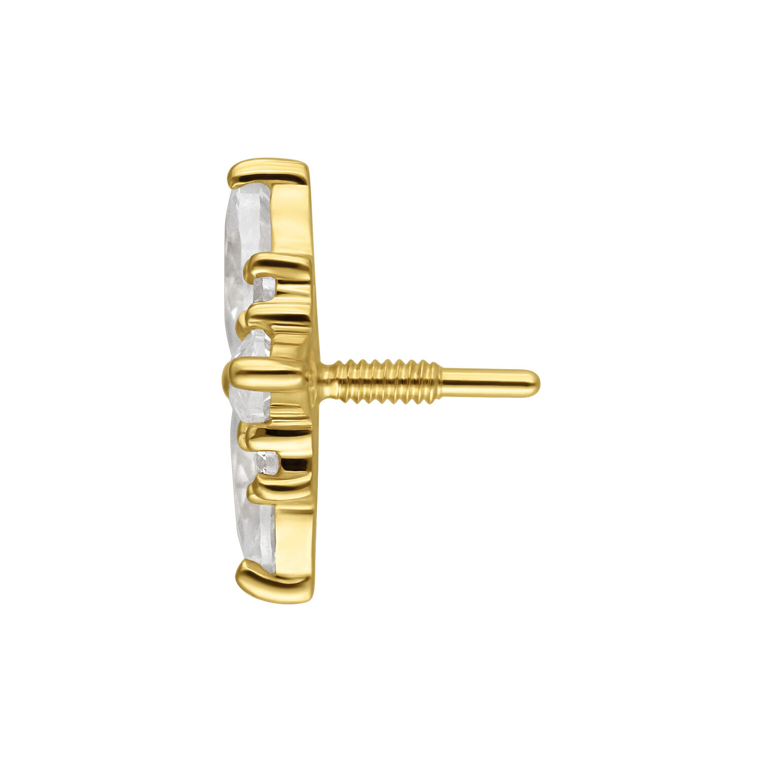 14K Gold Moissanit Aufsatz seitlich Seitliche Ansicht eines goldenen Moissanit Aufsatzes mit Innengewinde auf weißem Hintergrund