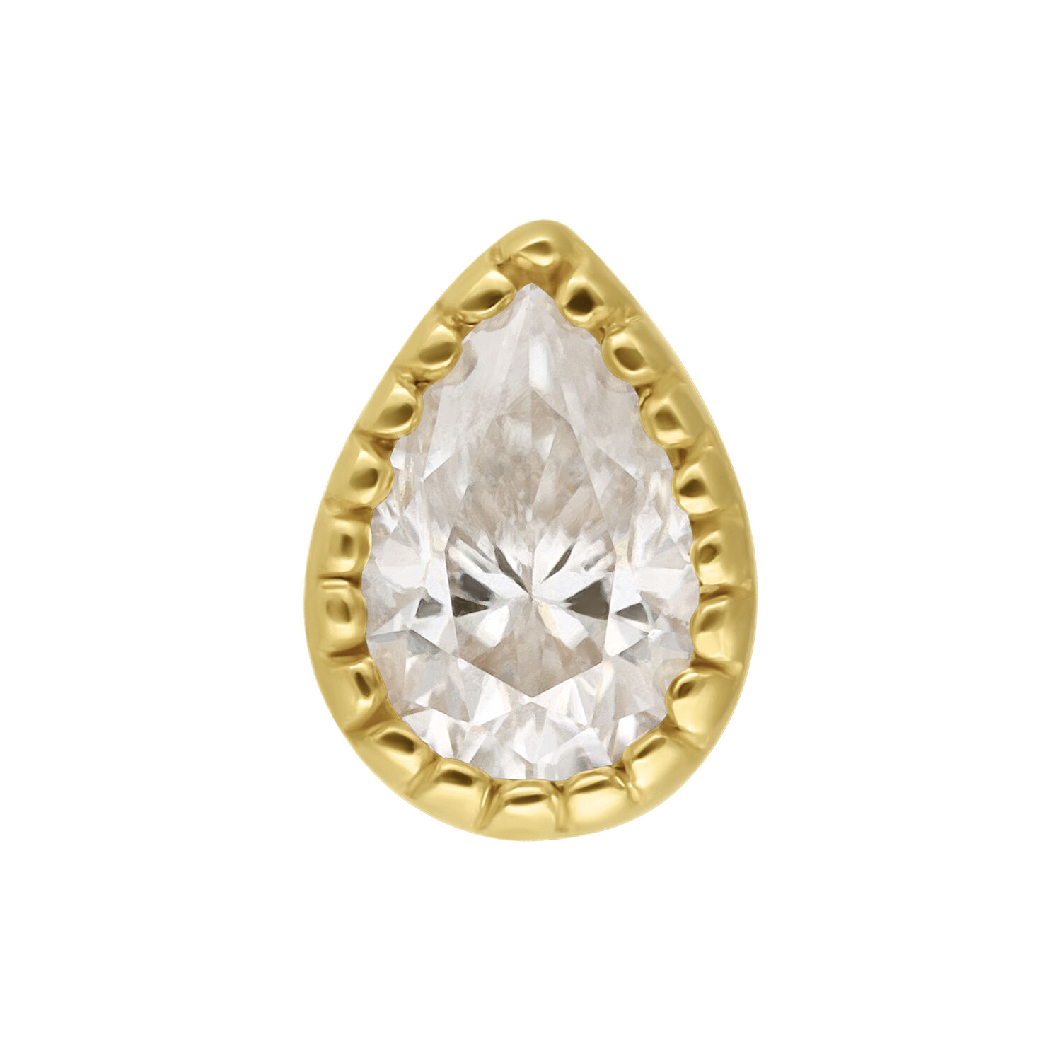 14K Gold Moissanit Kristall Aufsatz Tropfenförmiger Moissanit Kristall in 14K Gold gefasst auf weißem Hintergrund
