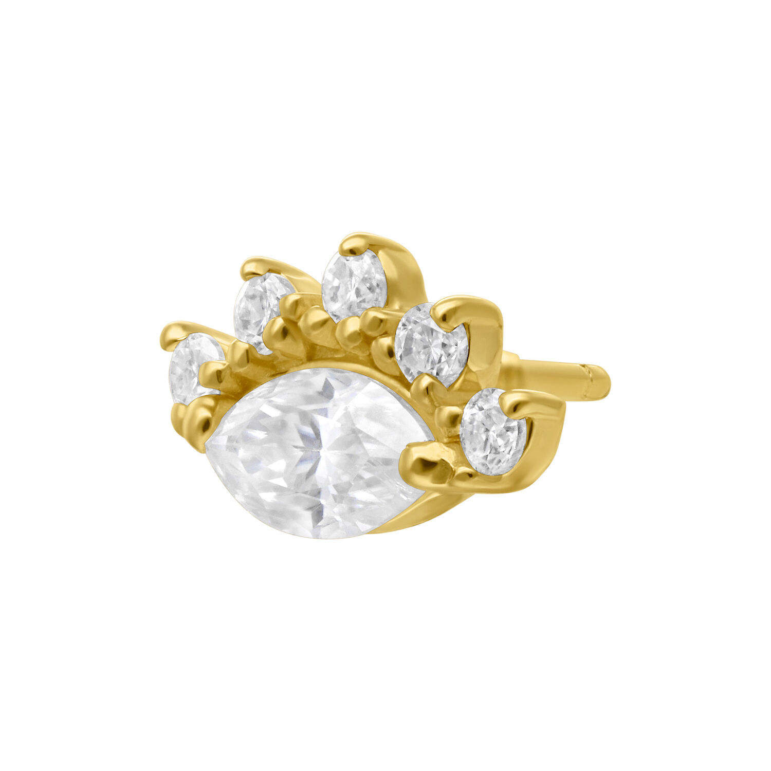 14K Gold Moissanite Aufsatz für Piercings Goldener 14K Aufsatz mit Moissanite-Stein und fünf kleineren Steinen auf weißem Hintergrund