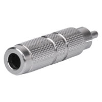 Silberner HAWK RCA Stecker mit geriffelter Oberfläche auf weißem Hintergrund