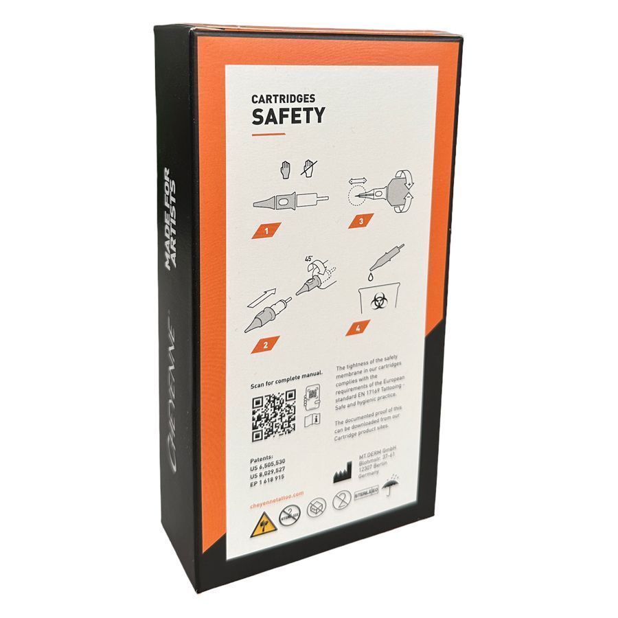 Cheyenne Liner Safety Nadeln 20 Stk Packung Verpackung der Cheyenne Liner Safety Nadeln mit orange-weißem Design und Sicherheitshinweisen