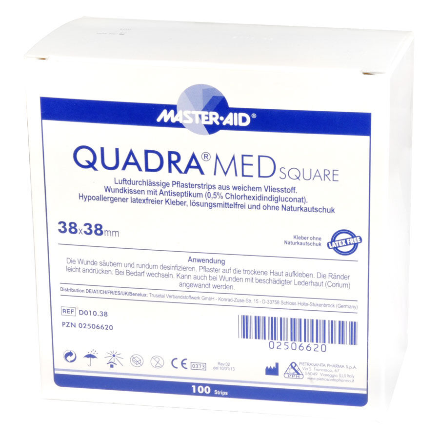 Quadra Med Square Pflaster 38x38mm Quadratisches Pflaster von Master Aid, 38x38mm, auf weißem Hintergrund