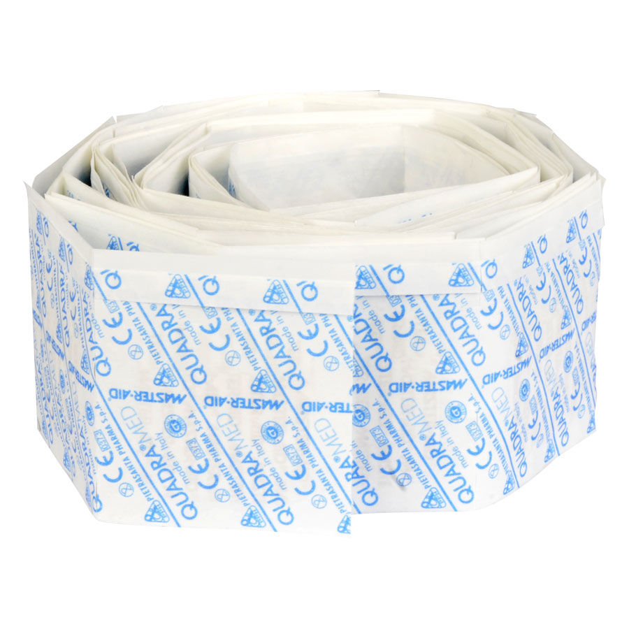 Quadra Med Square Pflasterrolle Rolle weißer Pflaster mit blauem Master Aid Aufdruck auf weißem Hintergrund