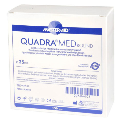 Weiße Verpackung mit blauen Details für Quadra Med Round Pflaster 25mm
