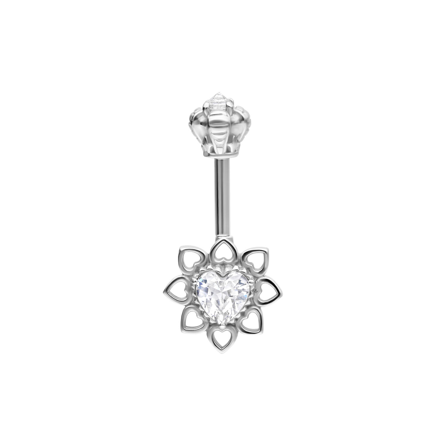 Silbernes Helix Piercing mit Kristallblume Silbernes Helix Barbell mit Herz-Kristall und blumenförmigem Design auf weißem Hintergrund