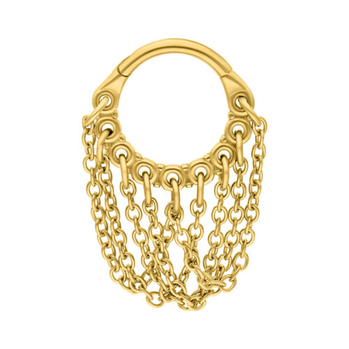 Goldener Piercingring mit gedrehten Ketten auf weißem Hintergrund