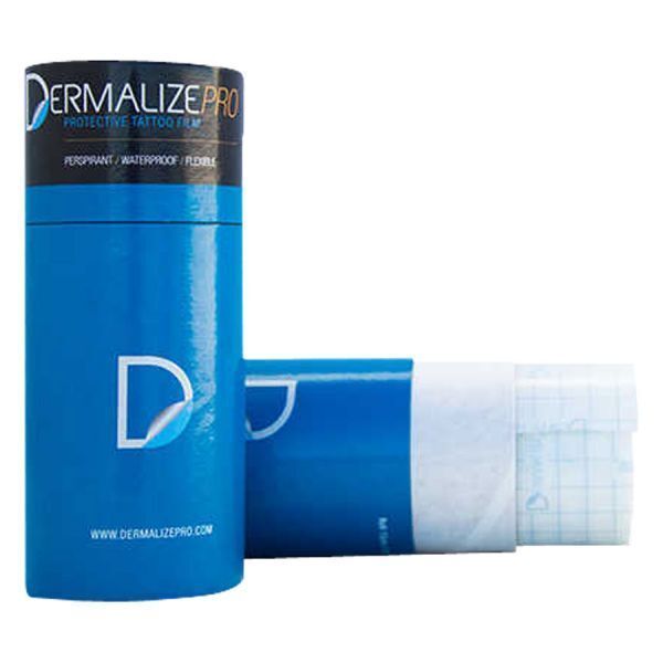 Dermalize® Folienverband gerollt Blau Blauer Dermalize® Folienverband in Rolle mit Verpackung auf weißem Hintergrund