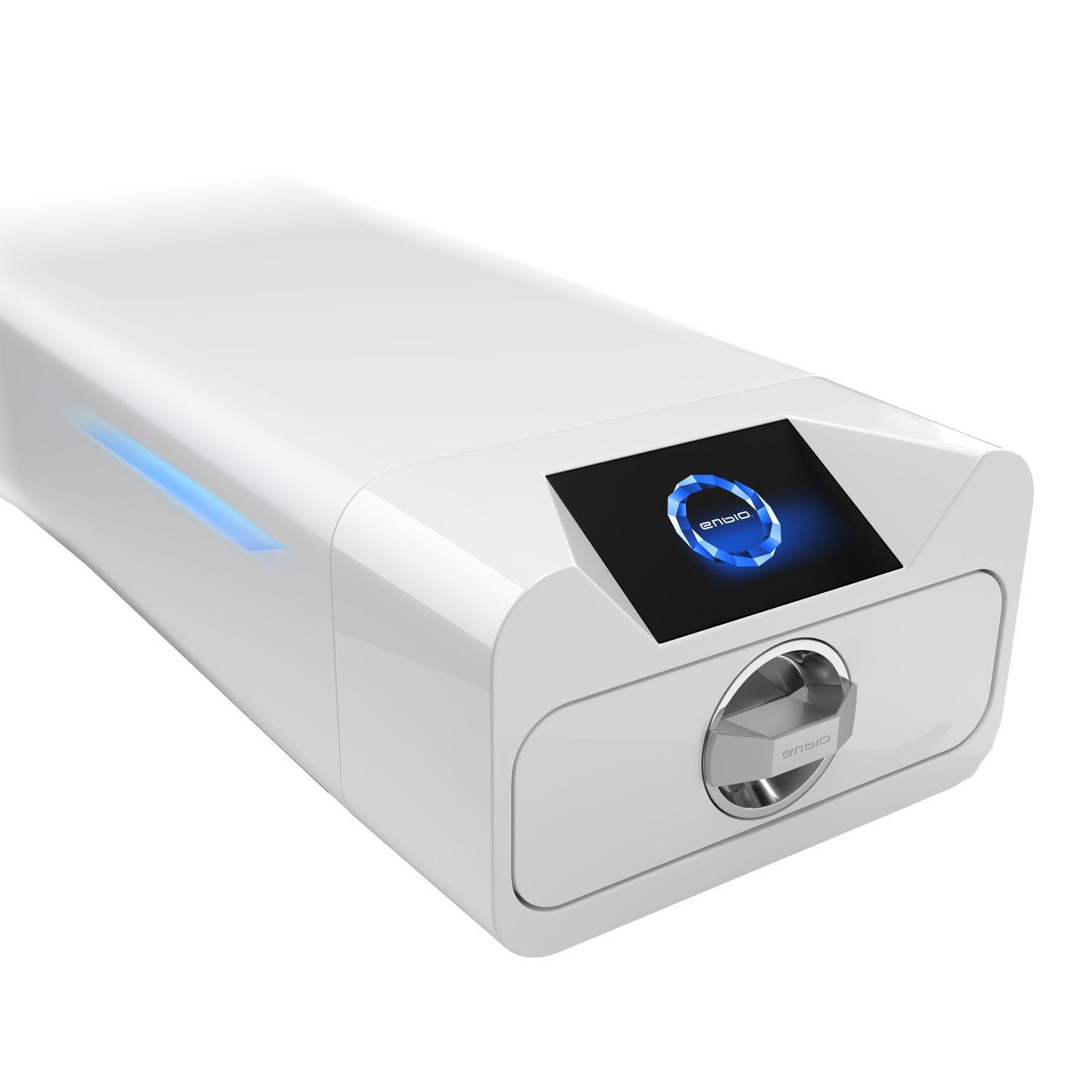 Enbio Autoklav Pro in Weiß mit Display Weißer Enbio Autoklav Pro mit blauem Display auf neutralem Hintergrund