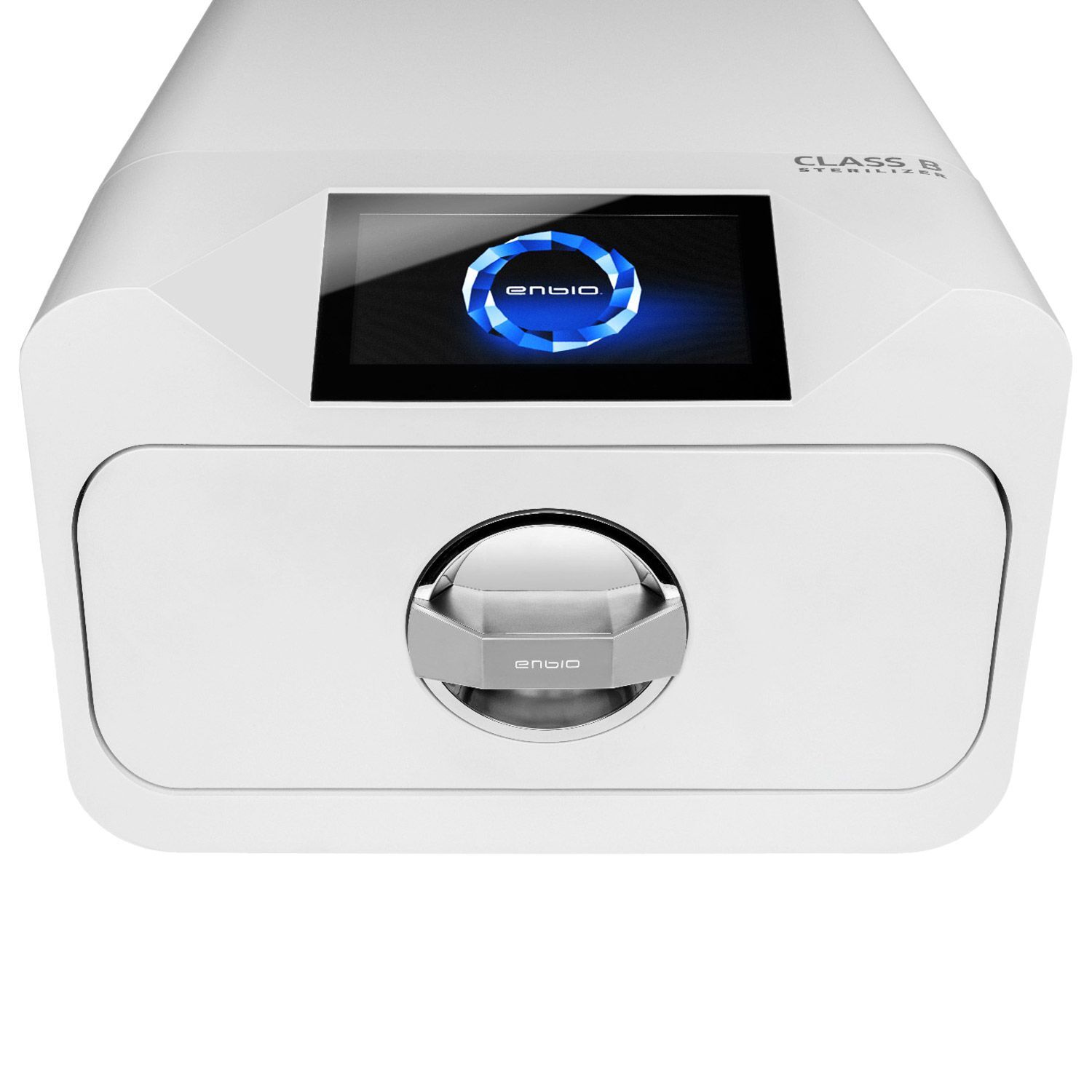 Enbio Autoklav Pro in Weiß mit Display Weißer Enbio Autoklav Pro mit blauem Display auf weißem Hintergrund
