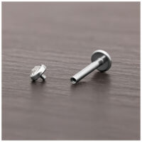 Silberner Titan Piercing-Aufsatz mit klarem Kristall auf dunklem Holz.