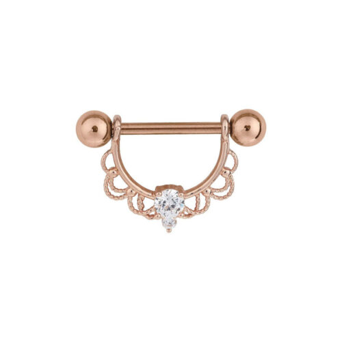 Roségoldener Nippel Barbell mit Kristallverzierung auf weißem Hintergrund