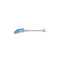 Silberner Barbell mit blauem Federdesign auf weißem Hintergrund